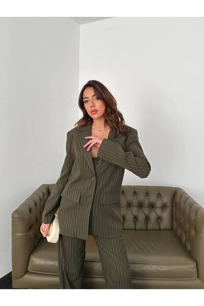 Pinn Striped Khaki Triple Jacket Vest Pants Set