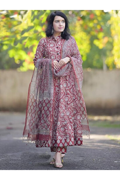 MYSMAR Red Viscose Cotton Salwar Kameez Dupatta - ALV2038 | Red