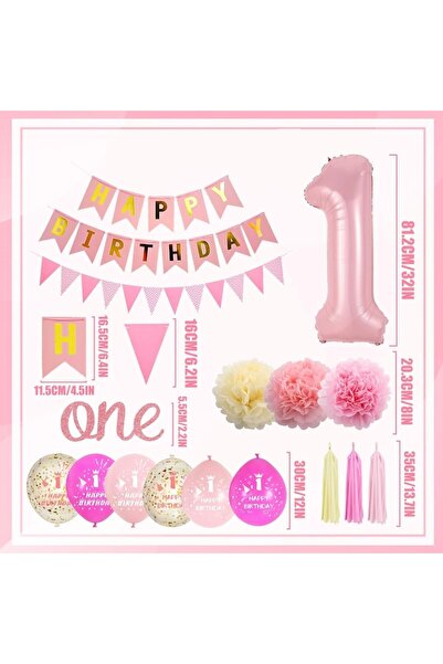 DELPI Balloon and Decoration Set for 1st Birthday, Latex and Foil, 44 Pieces, Pink/Beige