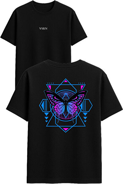 VSRN Triangle Butterfly Design Printed Black Oversized t Shirt
