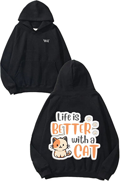 THEWERT Life Is Better with a Cat Design Back B Printed Black K Hooded Sweatshirt