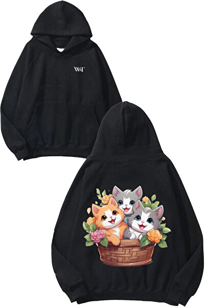 THEWERT Cat Basket Design Back Printed Black Hooded Sweatshirt