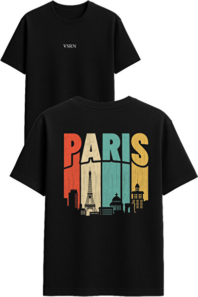VSRN تي شيرت باريس فيجرز ديزاين مطبوع أسود قصة فضفاضة