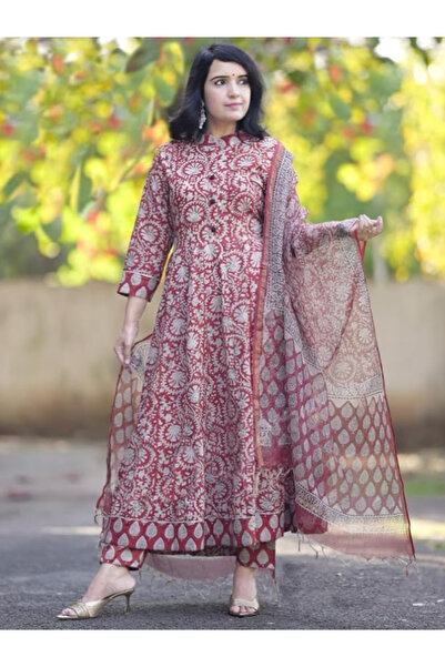 MYSMAR Red Viscose Cotton Salwar Kameez Dupatta - ALV2038 | Red