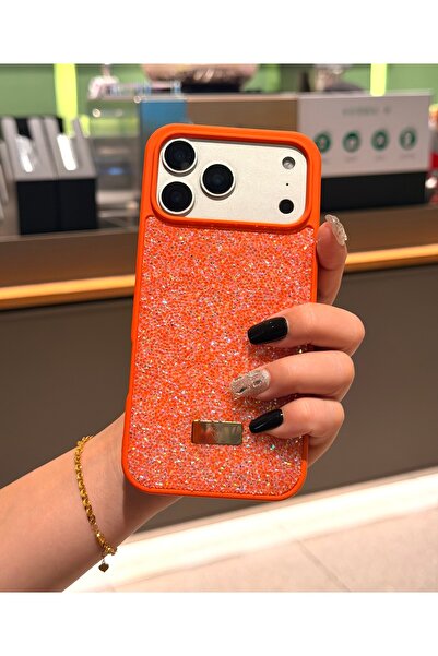 Fibaks iPhone 17 Pro Max Case with Velvet Diamond Design Inside, Orange Stone Sparkling Diamond Silicone Cover