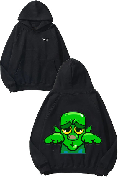 THEWERT Crying Green Alien Design Back Printed Black Hooded Sweatshirt