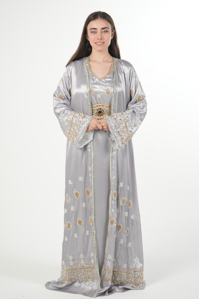 al bent al sharqieh Moroccan embroidered satin kaftan dress with a waist belt
