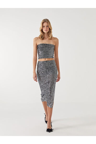 LC Waikiki Xside Gray Strapless Collar Sequined Women's Crop