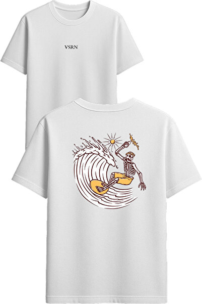 VSRN تي شيرت بتصميم هيكل عظمي لركوب الأمواج مطبوع أبيض قصة فضفاضة