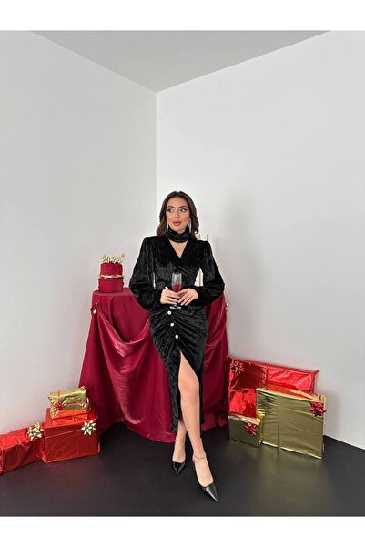 Pinn Βελούδινο φόρεμα με διπλό στήθος και κορδόνι περίσφιξης με πέτρες