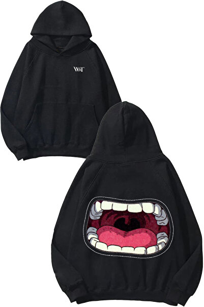 THEWERT Mouth Design Back Printed Black Hooded Sweatshirt