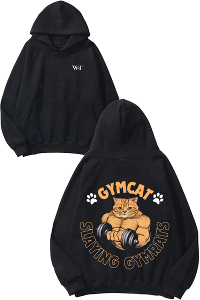 THEWERT Gym Cat Design Spate cu imprimeu Negru cu glugă Swea tricou