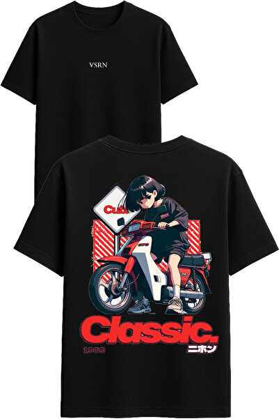 VSRN Tricou oversize negru cu imprimeu, design clasic