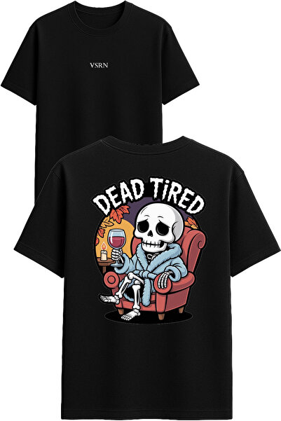 VSRN Tricou negru supradimensionat cu imprimeu design „Dead tired”