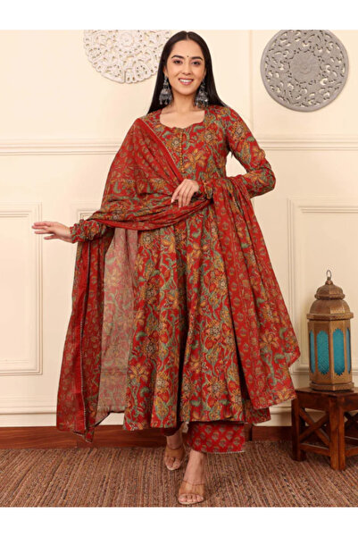 MYSMAR Red Cotton Salwar Kameez Dupatta - ALV2054 | Red