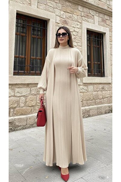 GİYSİ DÜNYASI 57 Triko Fabric Knitted Detail Cardigan Dress Full Length 2-Piece Set