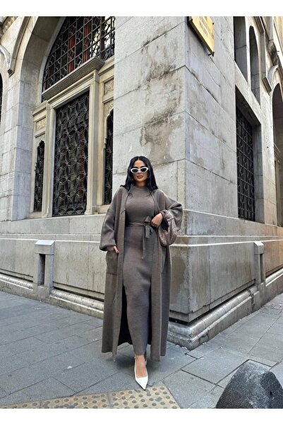 GİYSİ DÜNYASI 57 Triko Fabric Long Sleeve Cardigan Dress with Pockets 2-Piece Set
