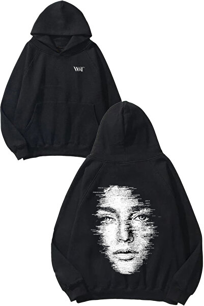 THEWERT سترة بتصميم وجه متشوه مطبوع سوداء بغطاء رأس