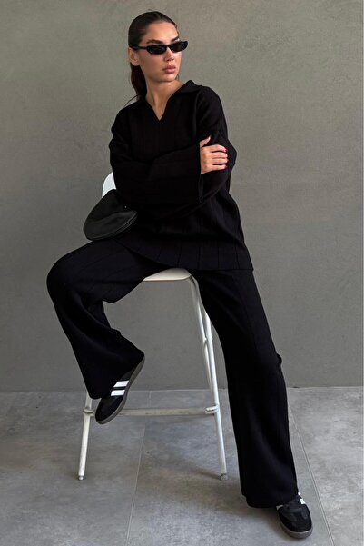 Madmext Black Relaxed Fit Stitching Detail Women's Knitwear Set Mg2584