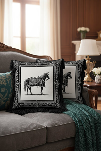 JACA At Desenli Premium Dekoratif Saçaklı İç Dolgulu Yastık Pamuk Kırlent Min...