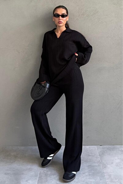 Madmext Black Relaxed Fit Stitching Detail Women's Knitwear Set Mg2584