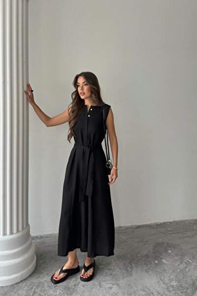 İbrahim Burak Etiler Collection KETEN ELBİSE KOLSUZ BEL BAĞLAMALI MAXİ ELBİSE...