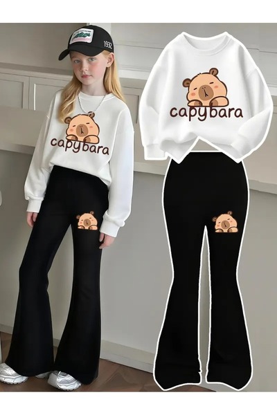 buendiakids Kız Çocuk Pembe-Siyah SevimliCapybara Baskılı Bisiklet Yaka Sweat...