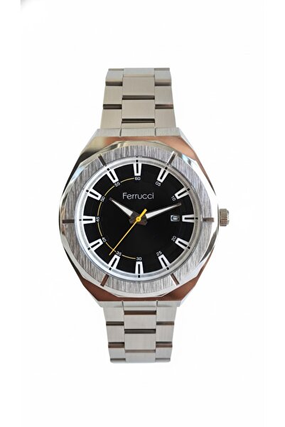 Ferrucci ساعة يد رجالية فضية اللون، مينا أسود - سوار معدني أنيق، ضمان لمدة عامين