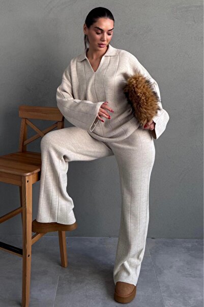 Madmext Beige Relaxed Fit Stitching Detail Women's Knitwear Set Mg2584