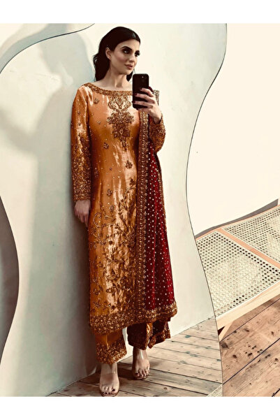 MYSMAR Brown Zimmy-Chu Silk Salwar Kameez Dupatta - HRT5131 | Brown