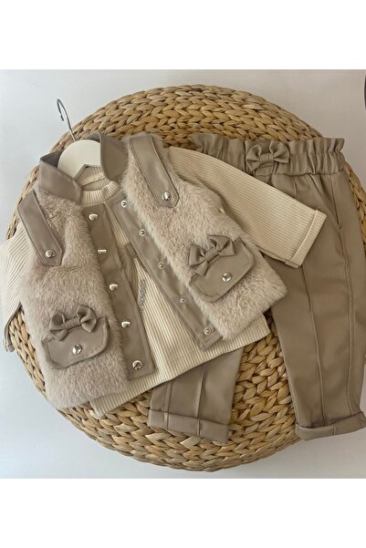 Butik Kız Bebek Deri Pantolon Peluş Yelek 3'lü Takım