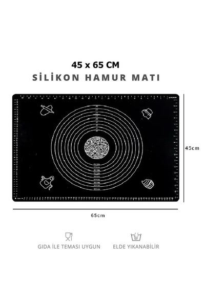 ZUZU MADE Siyah Renk Büyük Boy 45 cm X 65 cm Silikon Hamur Açma Matı