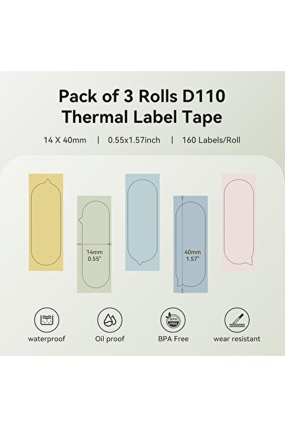 NiiMbot D110 Label Tape (14×40mm), 160 Labels/Roll, 3 Rolls, 5 Colors