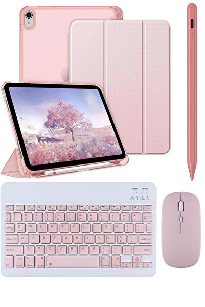 Covpor Apple iPad 11. NESİL A16 ve 10.NESİL 10.9 Uyumlu Flip Kılıf Rose + Bluetoothlu Klavye Mouse + Kalem