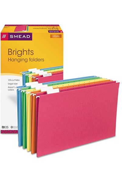 Smead Hanging File Folders with Tab, Adjustable Legal Size 1/5 Cut, Assorted Primary Colors, 25 per