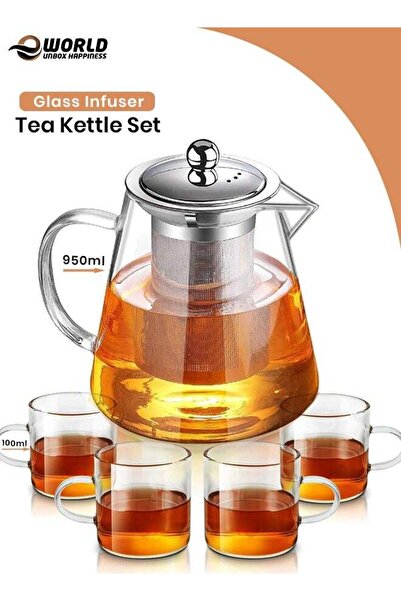 Eworld Glass Teapot Set with 4 Cups, 950ml Pot & Stainless Steel Infuser