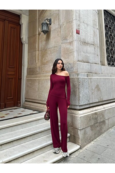 FEWTİNT Asymmetrical Neckline, Long Sleeves, and Off-The-Shoulder Blouse. Elastic Waist Long Pants.