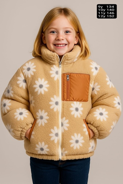 MİLAYS LİFE HOME COLLECTİON Girl's 9-11 Years Old Welsoft 3-Pocket Daisy Pattern Zippered Jacket