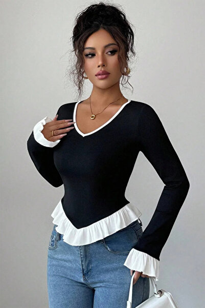 ecemore بلوزة قطنية 100% برقبة على شكل حرف V باللون الأبيض بقطع قماش مخيطة مع...