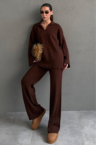 Madmext Bitter Brown Comfortable Cut Stitching Detail Women's Knitwear Set Mg2584