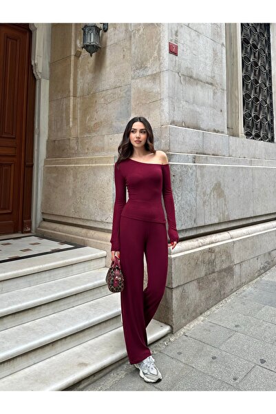 FEWTİNT Asymmetrical Neckline, Long Sleeves, and Off-The-Shoulder Blouse. Elastic Waist Long Pants.