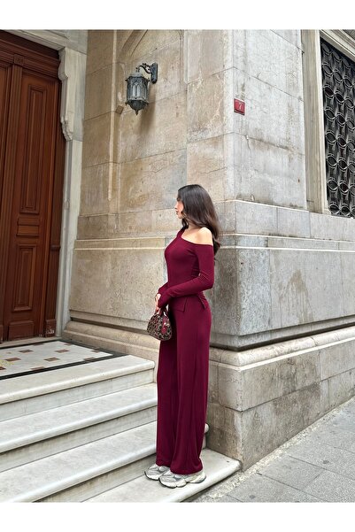 FEWTİNT Asymmetrical Neckline, Long Sleeves, and Off-The-Shoulder Blouse. Elastic Waist Long Pants.