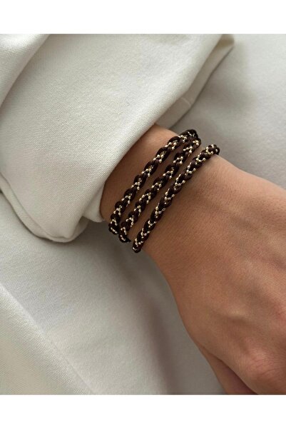 AychaAksesuar Vip seri gümüş model kahverengi örgü ip dolamalı bileklik