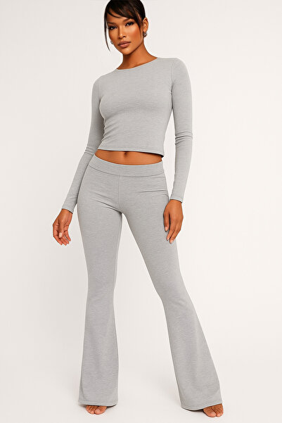 BIGNUANCE Blouse and Palazzo Pants Set Slim Fit Gray