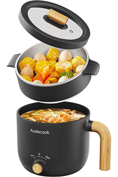 Audecook Electric Hot Pot with Steamer, 1.5L Portable Mini Cooker (black)