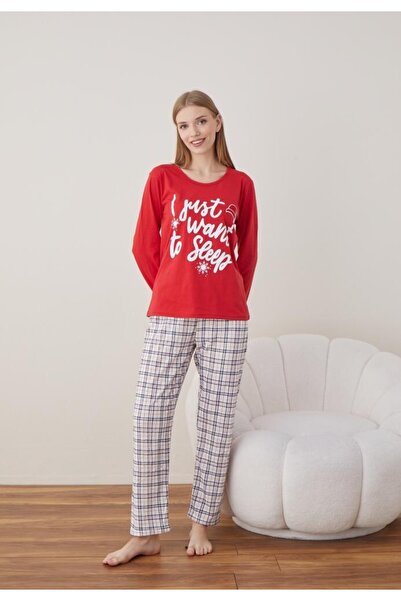 TOSKI Women's Christmas Pajamas Long Sleeve Long Pants, Red, I Just Want