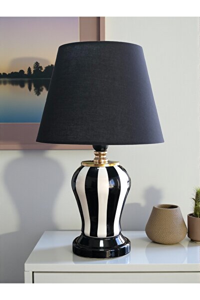 ferayhome Abajur Aydınlatma Şah Siyah Dik Çizgi Siyah Şapka Gold - Feray Home