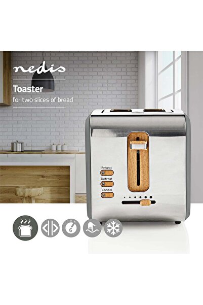 Nedis 900W 2 Slice Toaster Wide Slot 6 Level Defrost Reheat Cancel Soft Touch Grey