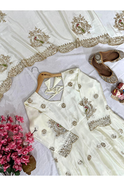 MYSMAR White Chinon Silk Gown Dupatta - HRT4617 | White