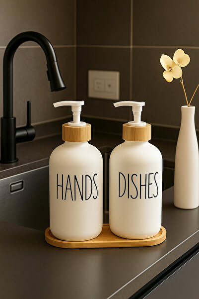 Golden Era طقم صابون زجاجي مكون من قطعتين مع حامل من الخيزران (لليدين والأطباق) - مضخة 550 مل، منظم لحوض المطبخ